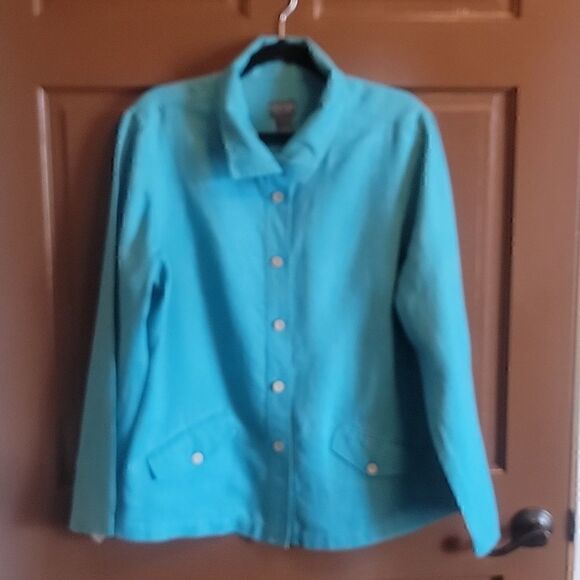 Additions by Chico's-Linen turq. colored collared long sleeved jkt. Size 2=Large - Picture 4 of 11